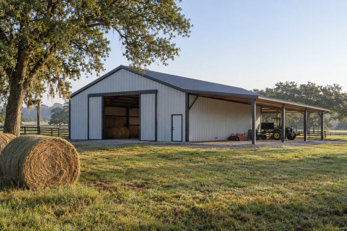 Steel farm barn with an open lean-to for equipment