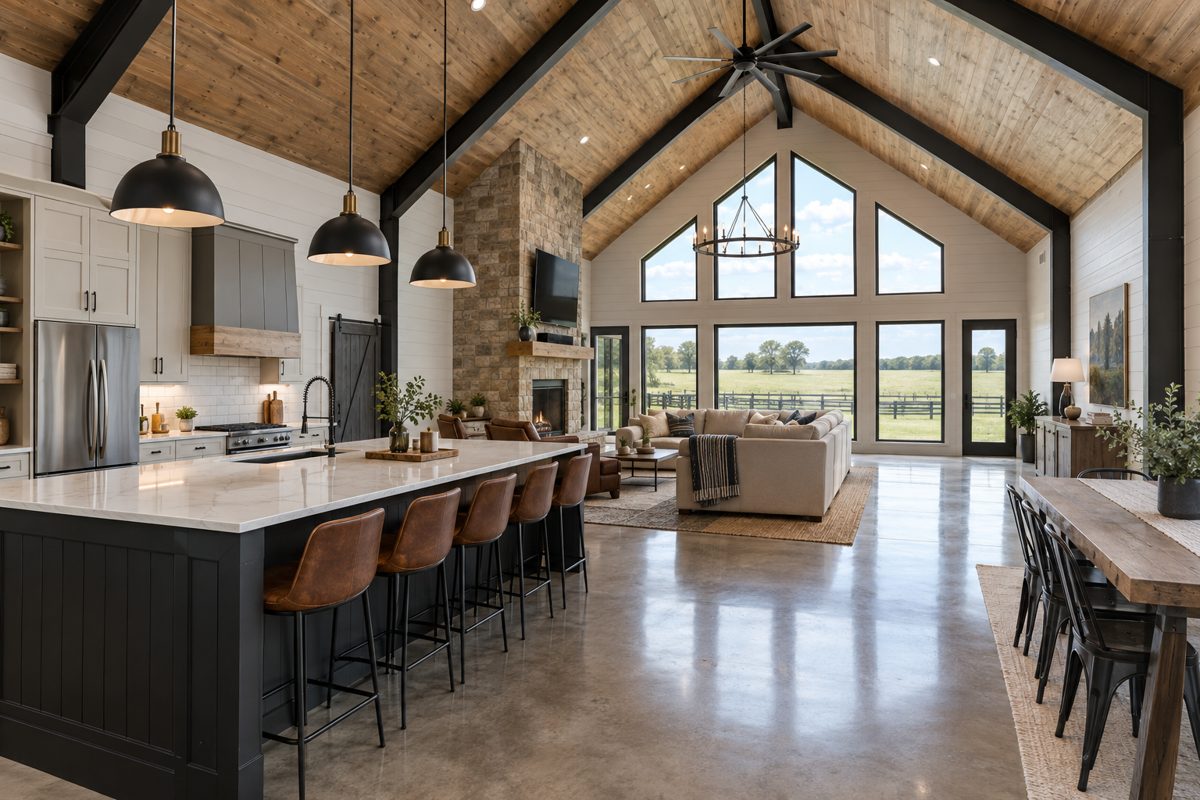 Finished barndominium great room with exposed steel beams and a vaulted wood ceiling