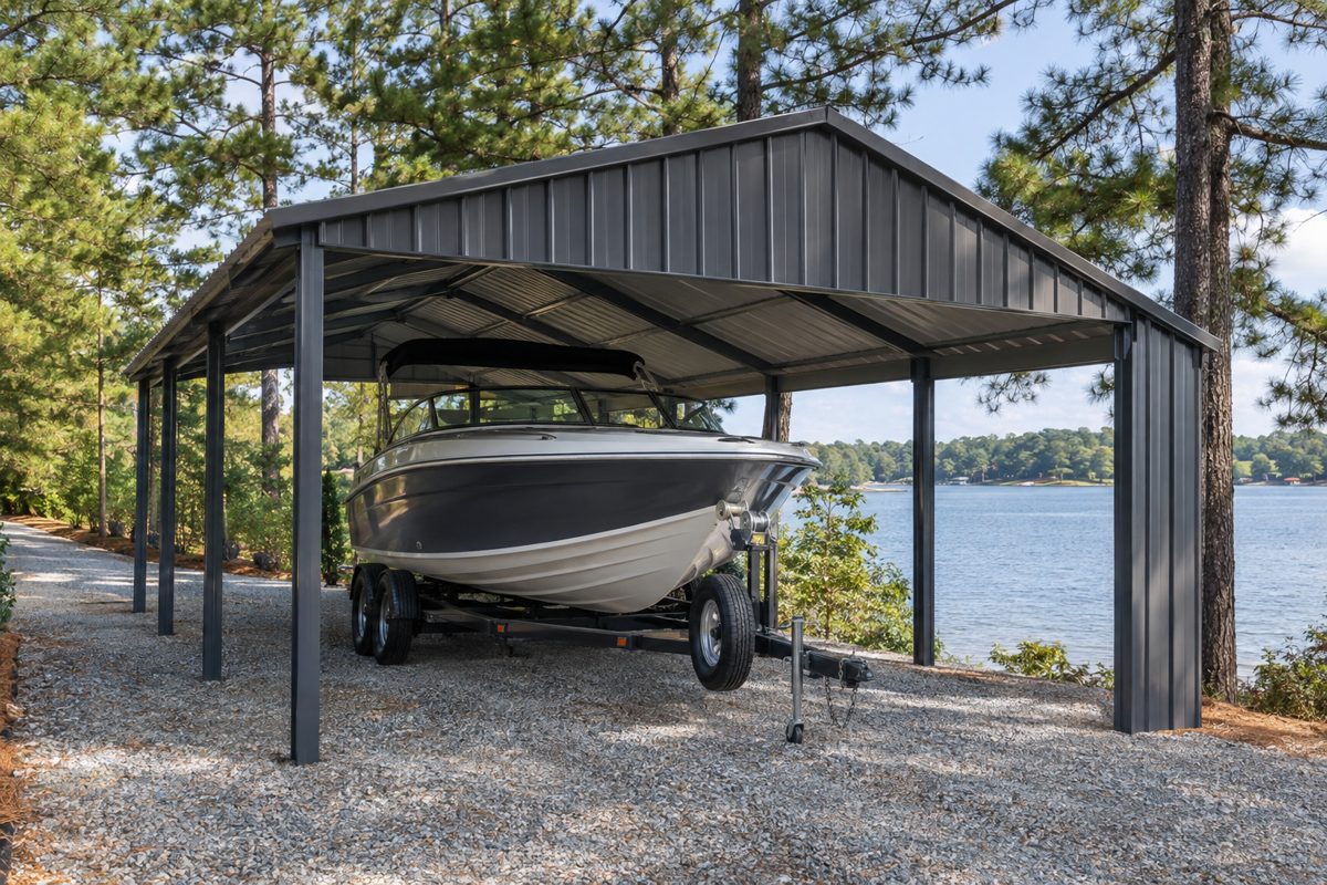 Steel boat and RV cover beside a Georgia lake
