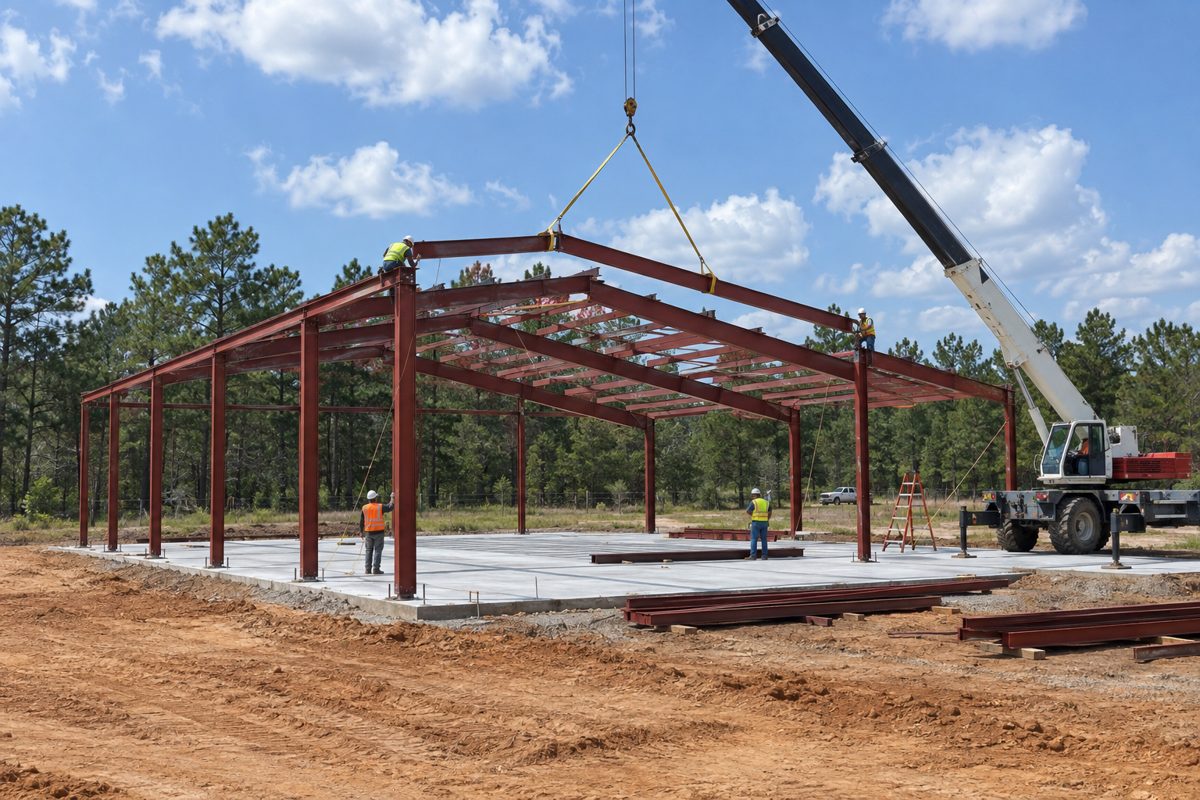 Red-iron steel frame going up on a new concrete slab with a crane