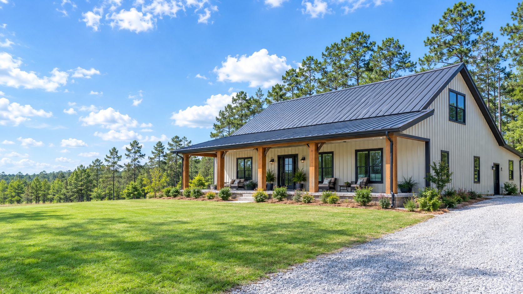 Light stone steel barndominium with a charcoal roof and cedar porch on a sunny day among Georgia pines