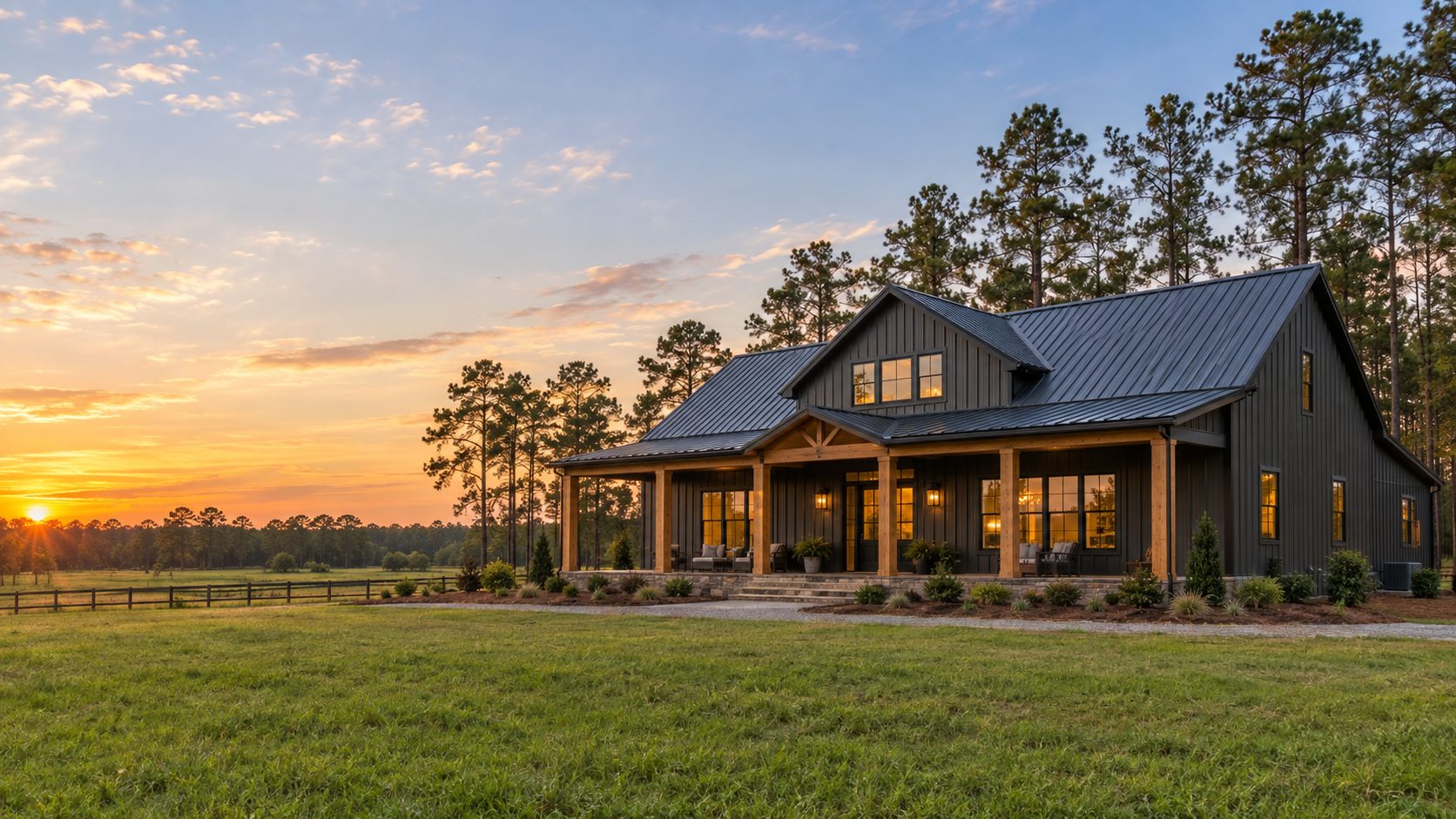 Steel barndominium with a wide front porch at dusk