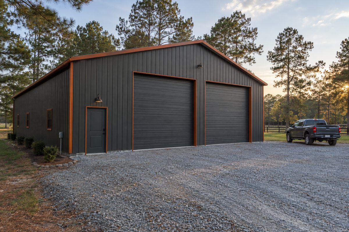 Charcoal steel shop with two roll-up doors and rust trim